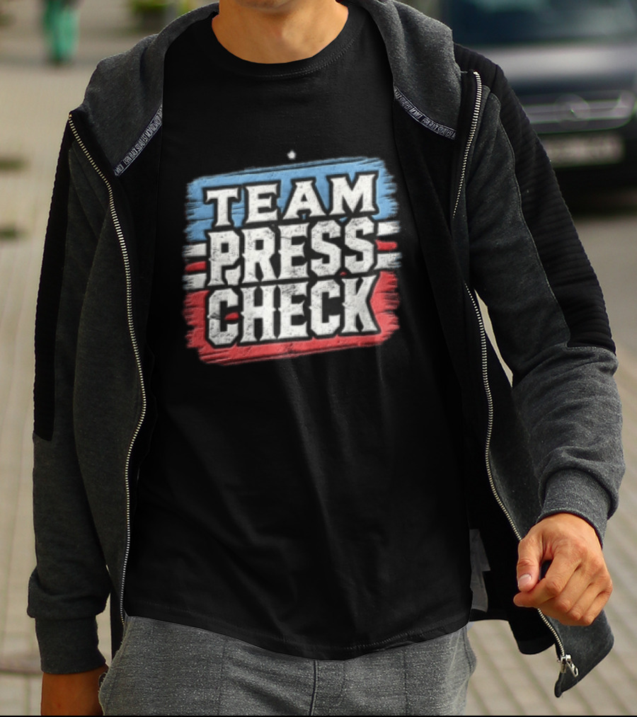 Team Press Check Bold Text On Red And Blue Stripes T-Shirt