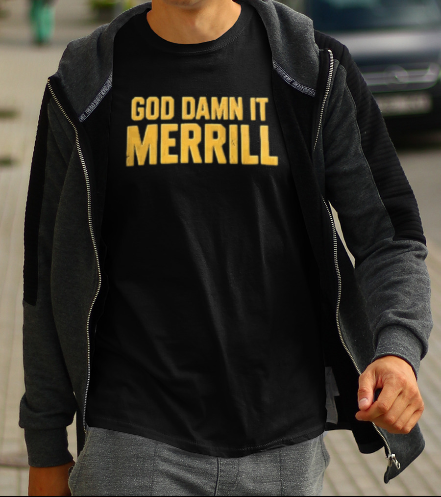 Merrill God Damn It Yellow Distressed Block Lettering T-Shirt
