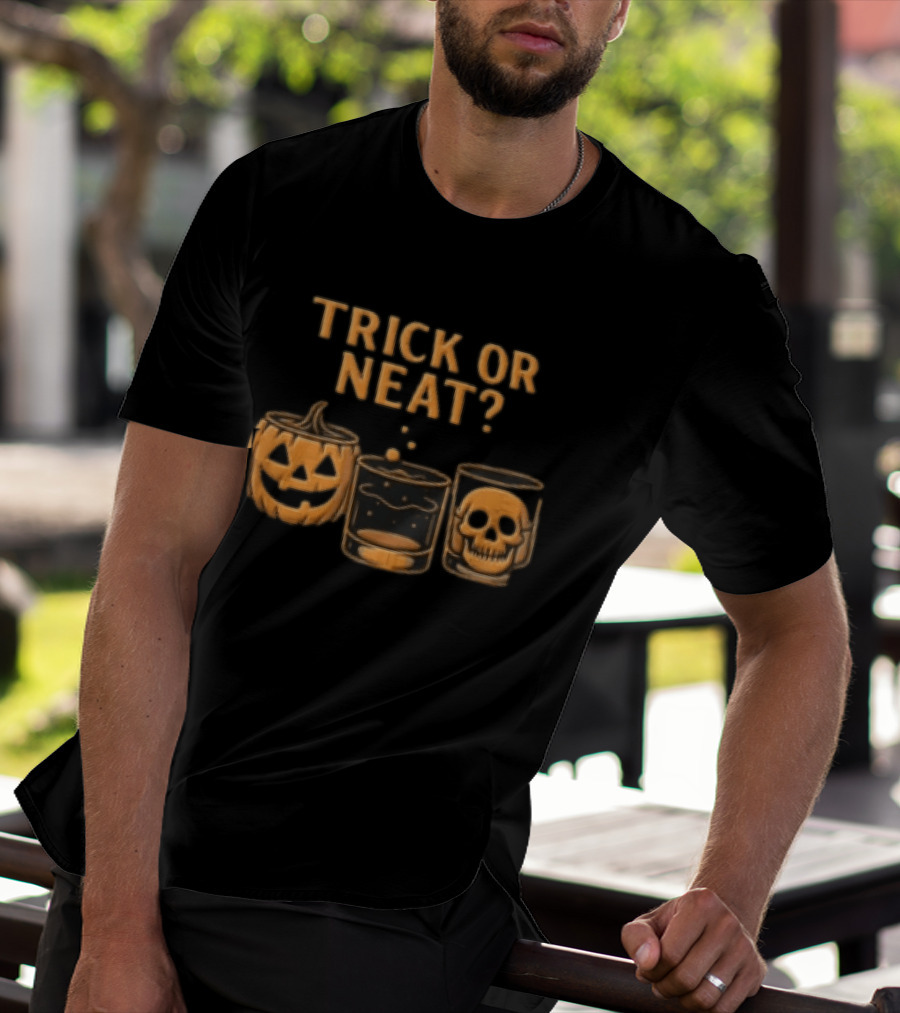 Trick Or Neat Jack O Lantern Whiskey Glass Skull T-Shirt