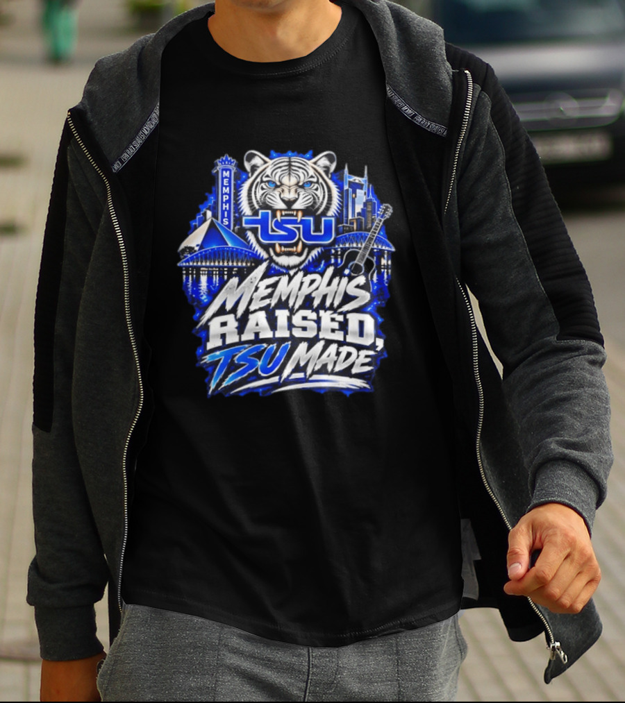 Memphis Raised TSU Made Tiger Skyline Guitar Blueprint T-Shirt
