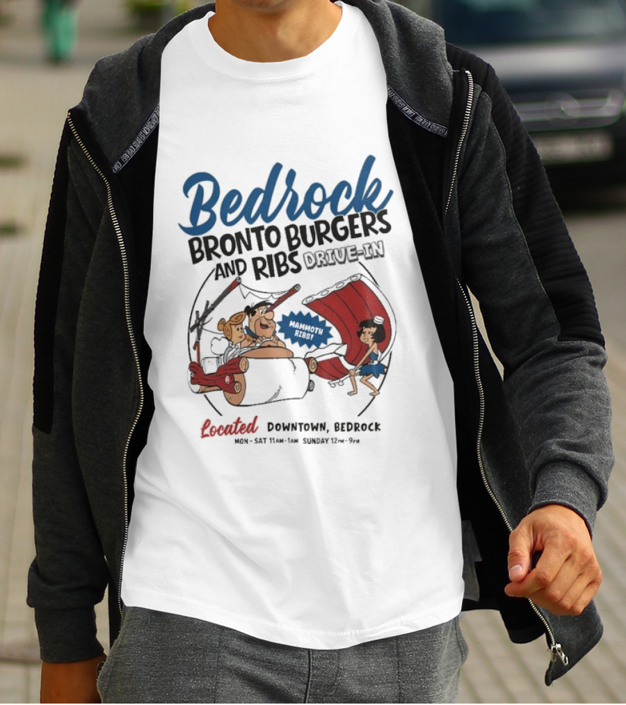 Bedrock Bronto Burgers And Ribs Drive In Downtown Bedrock Fred Flintstone Car And Dino Ribs T-Shirt