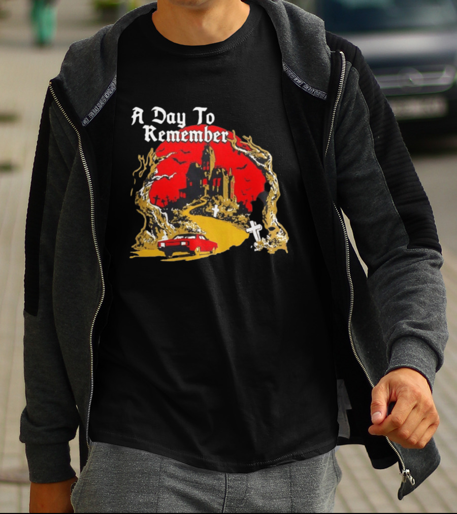 A Day To Remember Haunted House Red Car Cemetery Scene T-Shirt