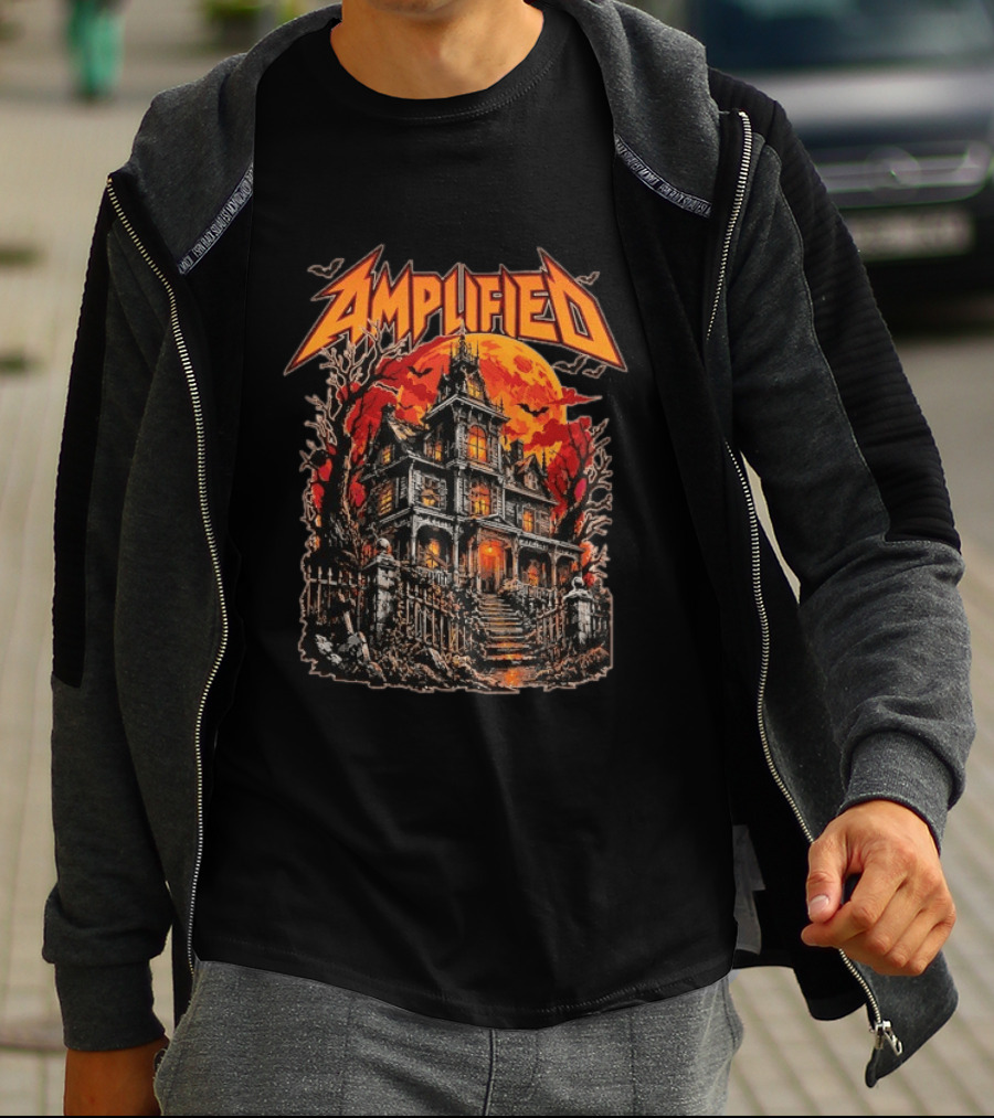 Amplified Haunted House Creepy Mansion With Eerie Full Moon And Dark Trees T-Shirt