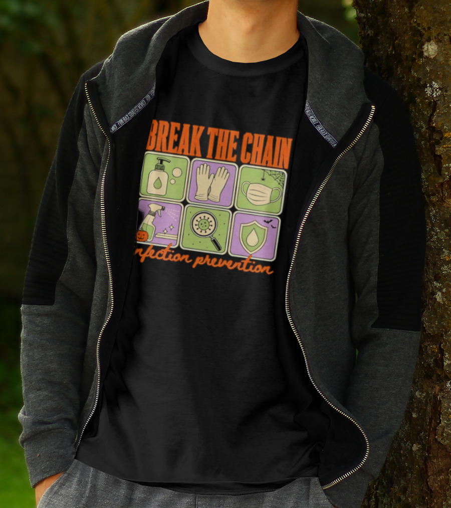 Break The Chain Infection Prevention Halloween Sanitizer Mask Gloves T-Shirt