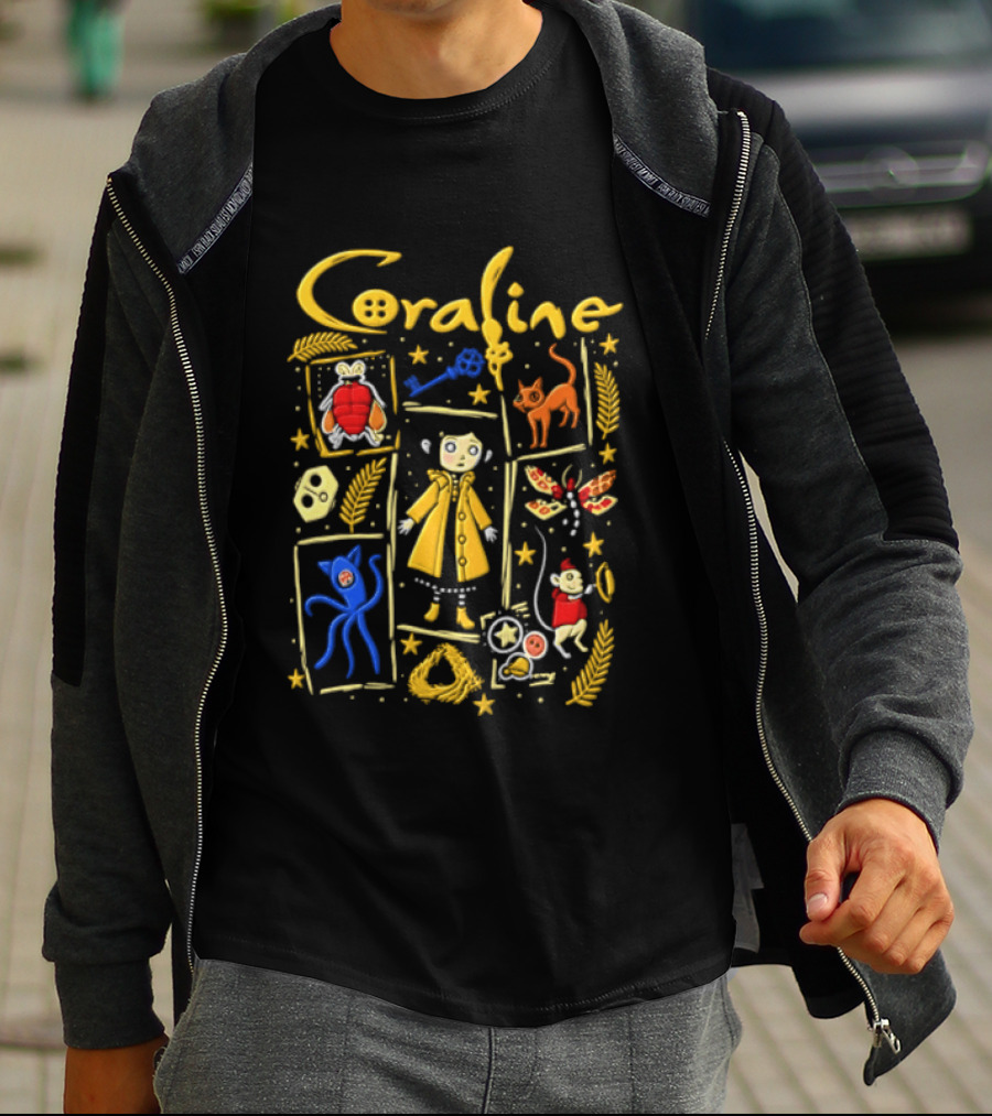 Coraline Characters Key Yellow Coat Cat Other Mother Neil Gaiman T-Shirt