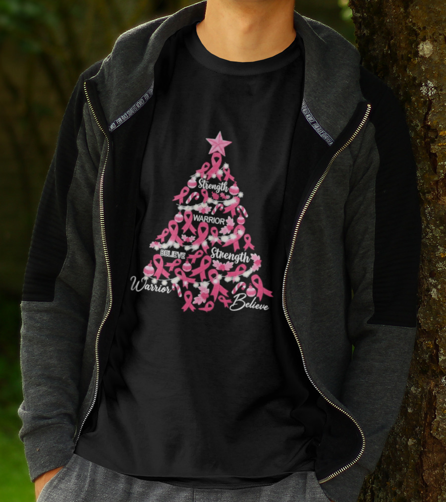 Warrior Strength Believe Breast Cancer Awareness Christmas Tree T-Shirt