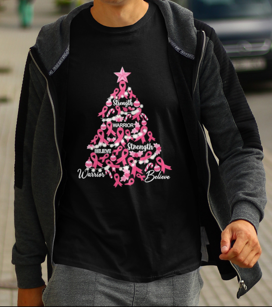 Warrior Strength Believe Breast Cancer Awareness Christmas Tree T-Shirt