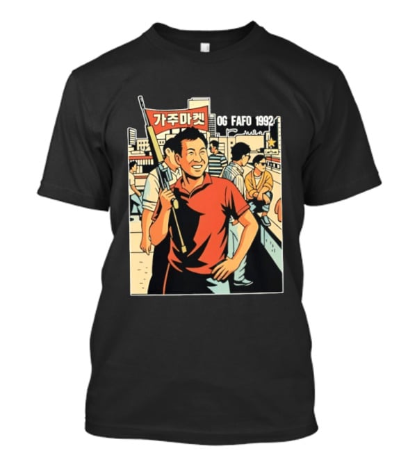 OG FAFO 1992 Rooftop Koreans Cartoon Characters Holding Flag And Rifle Urban Rooftop Scene T-Shirt