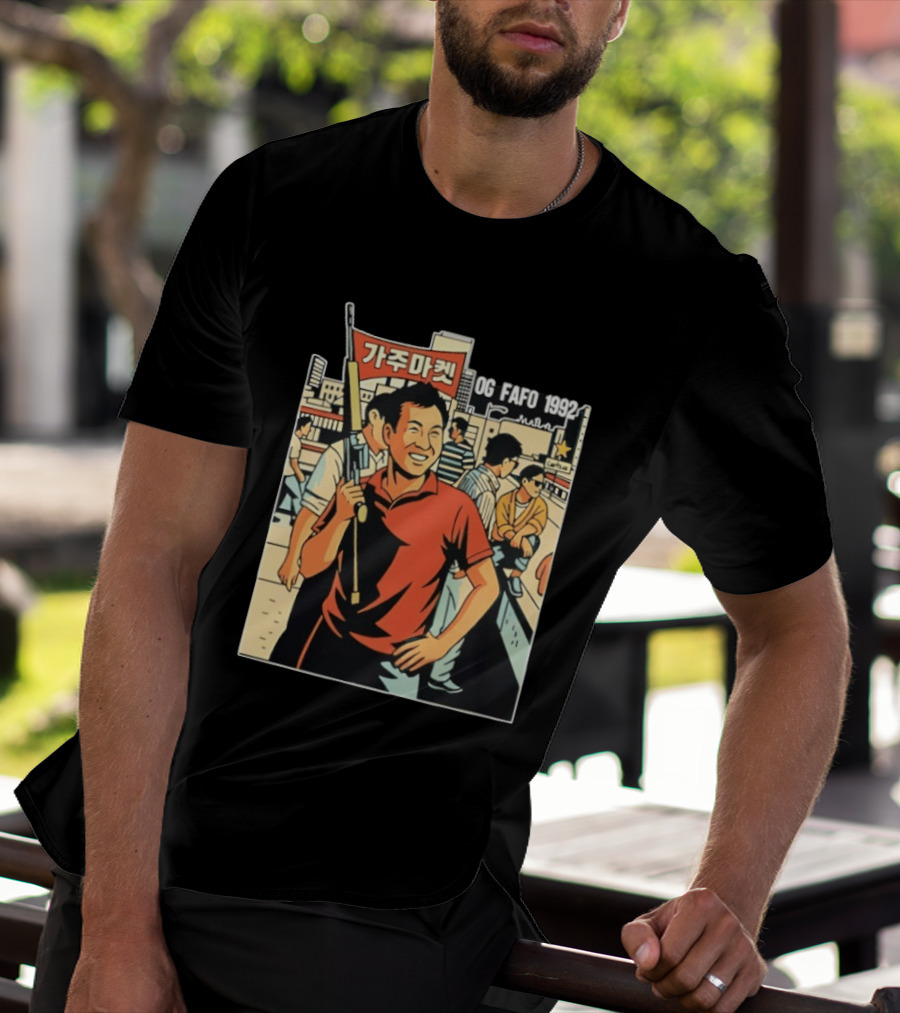 OG FAFO 1992 Rooftop Koreans Cartoon Characters Holding Flag And Rifle Urban Rooftop Scene T-Shirt