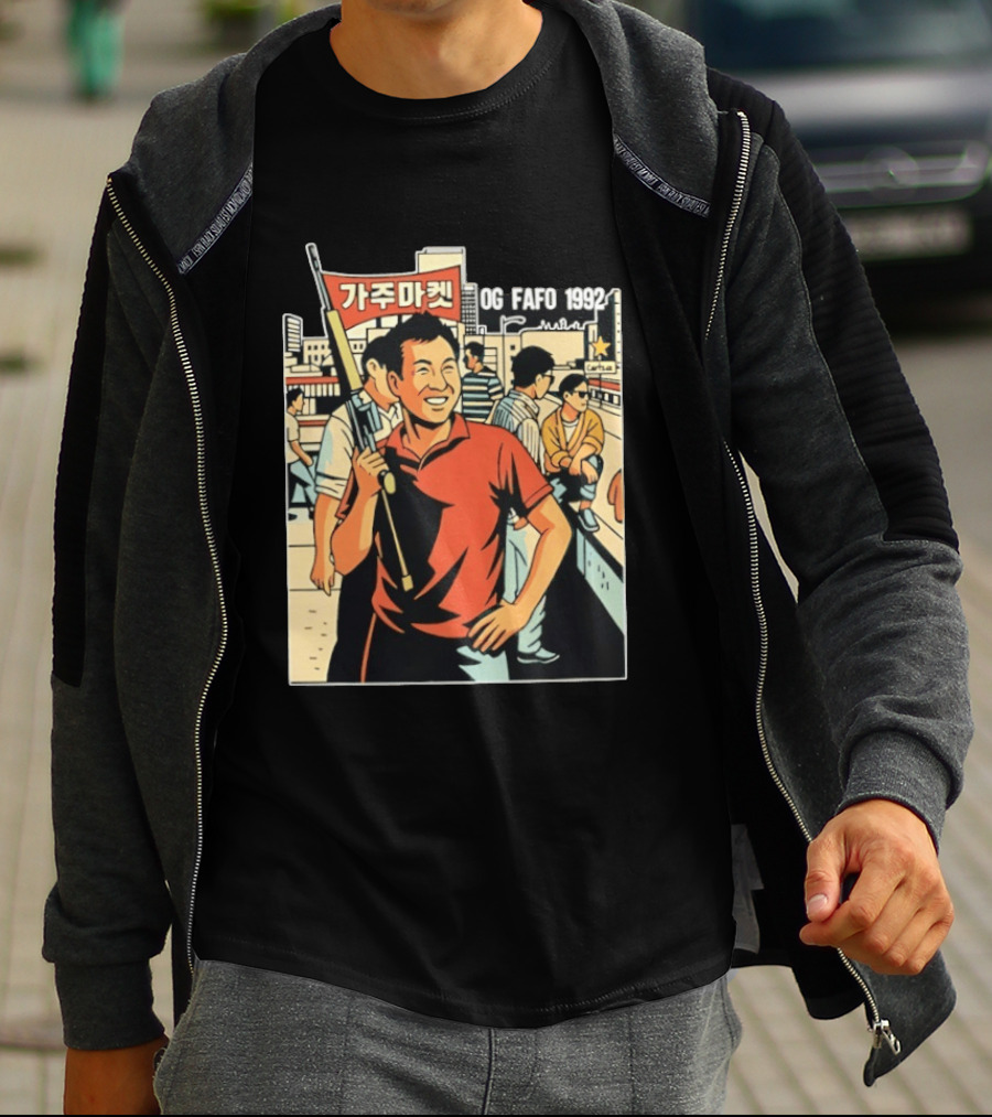 OG FAFO 1992 Rooftop Koreans Cartoon Characters Holding Flag And Rifle Urban Rooftop Scene T-Shirt