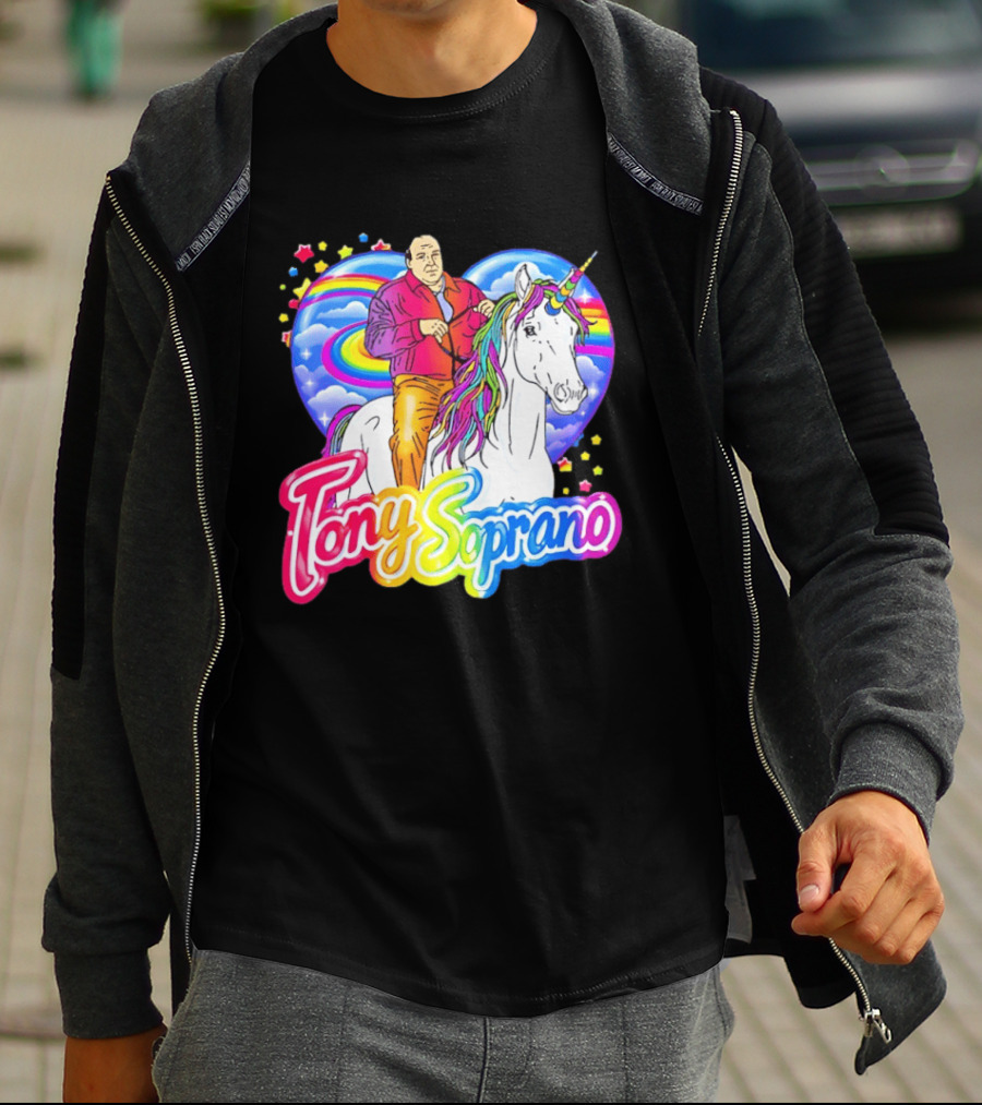Tony Soprano Riding Rainbow Unicorn With Heart And Stars T-Shirt