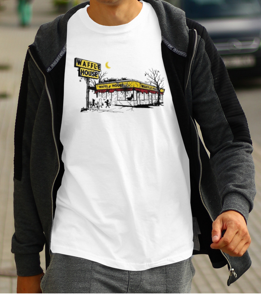 Haunted Waffle House Halloween 2026 Spooky Night Scene With Moon And Trees T-Shirt