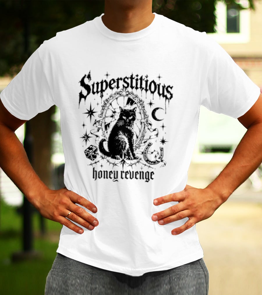Superstitious Cat Honey Revenge Halloween Stars Moon Dice Magic T-Shirt