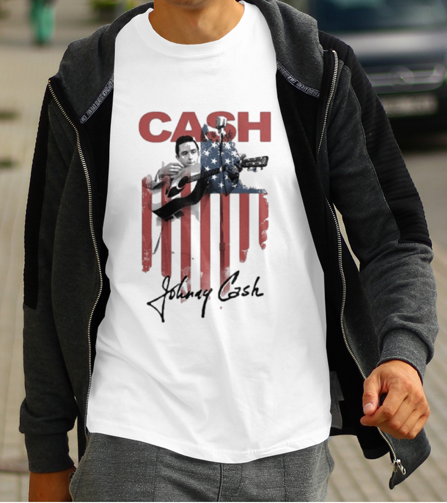 Johnny Cash American Flag Red Guitar Microphone T-Shirt