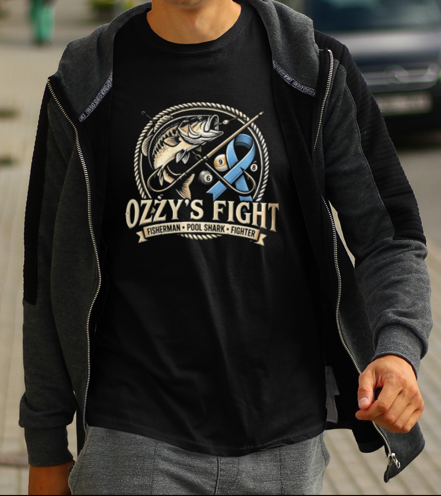 Ozzys Fight Fisherman Pool Shark Fighter Blue Ribbon Challenge T-Shirt