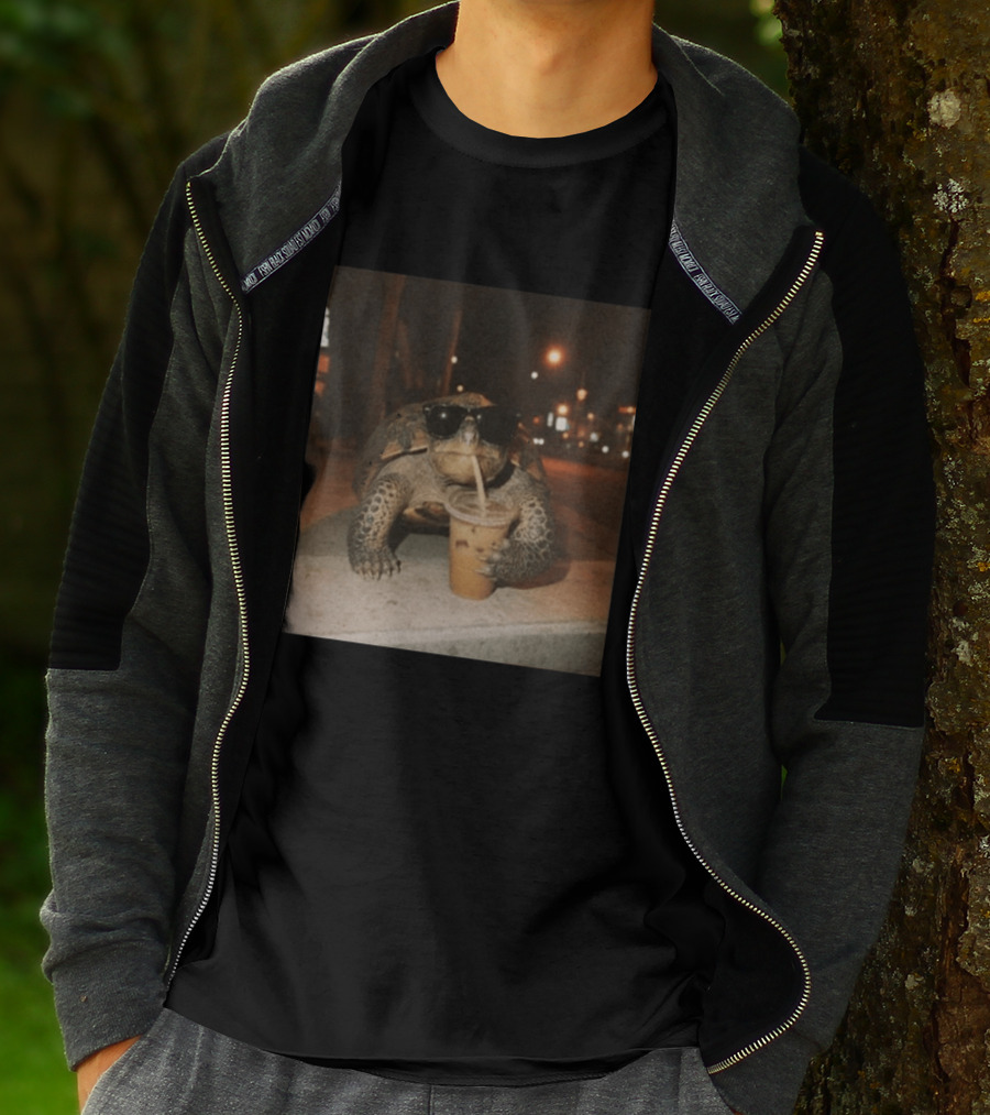 Turtle Wearing Sunglasses Drinking Iced Coffee At Night T-Shirt