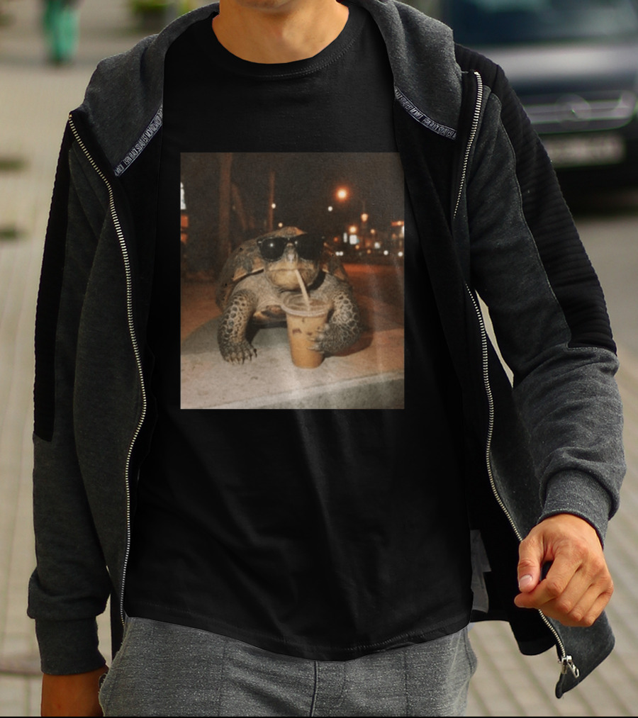 Turtle Wearing Sunglasses Drinking Iced Coffee At Night T-Shirt