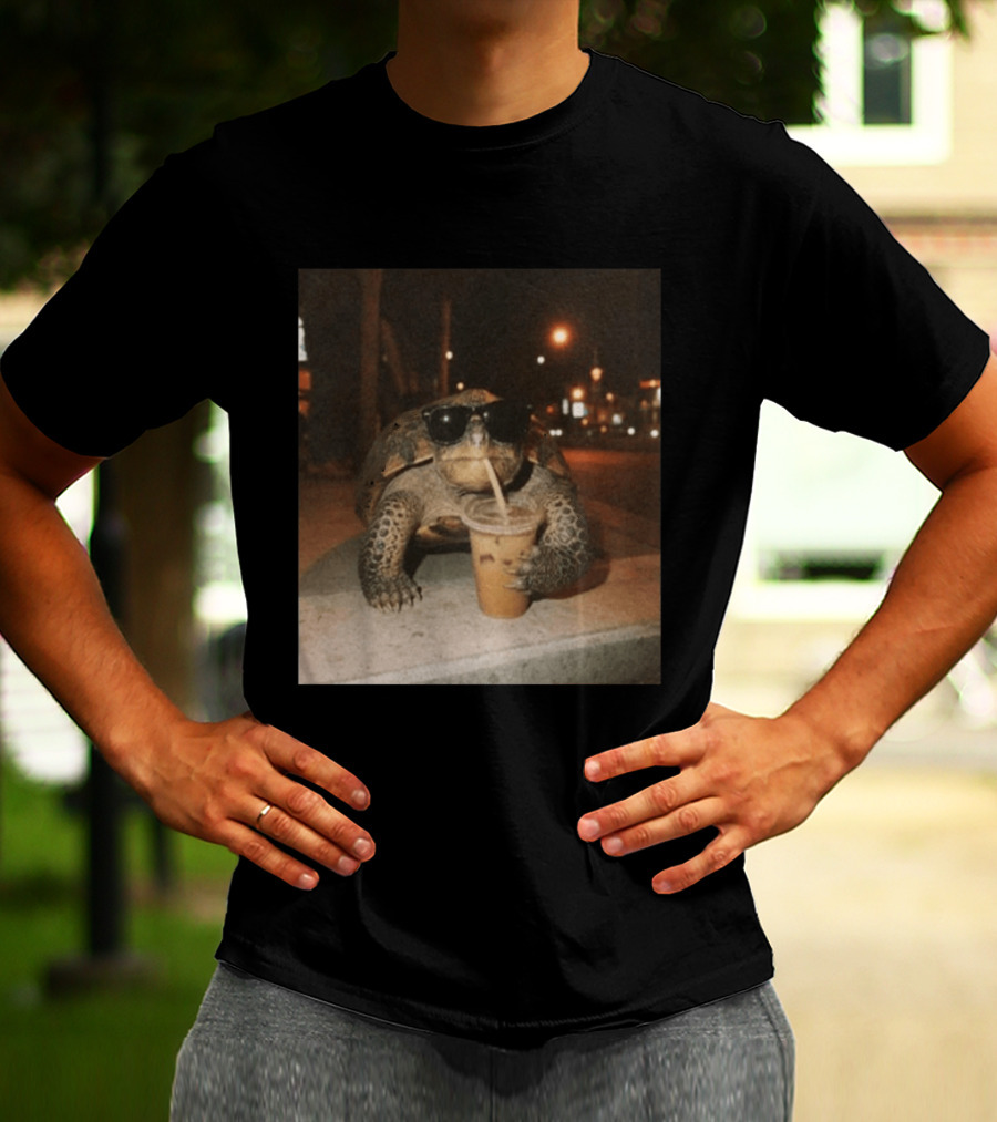 Turtle Wearing Sunglasses Drinking Iced Coffee At Night T-Shirt