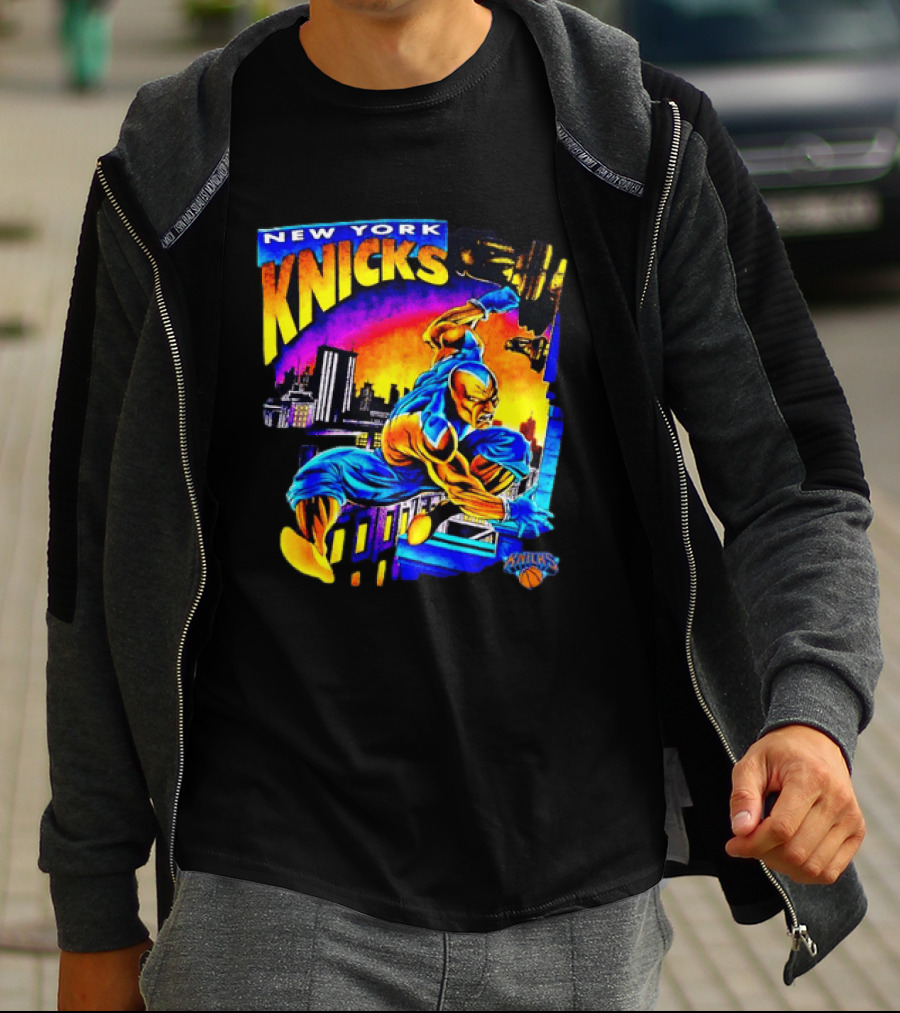 New York Knicks Superhero Action Skyline Scene T-Shirt