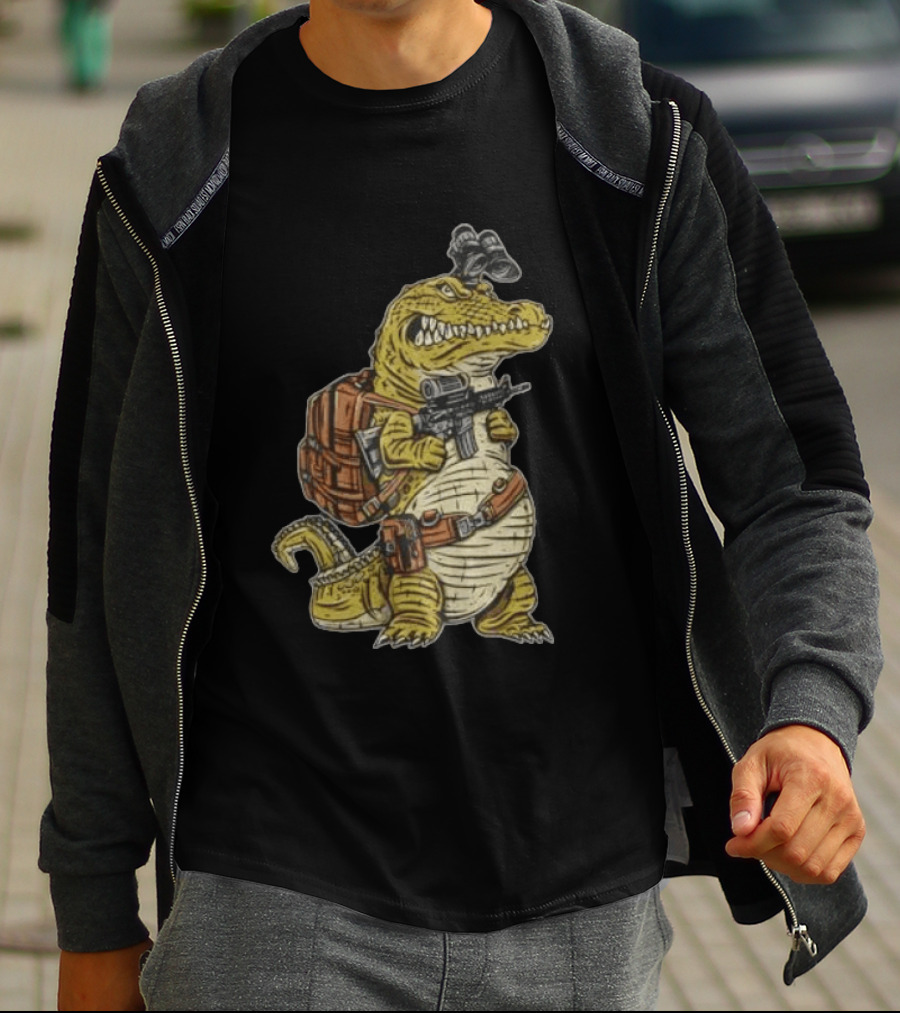 Tactical Alligator With Firearm And Backpack T-Shirt