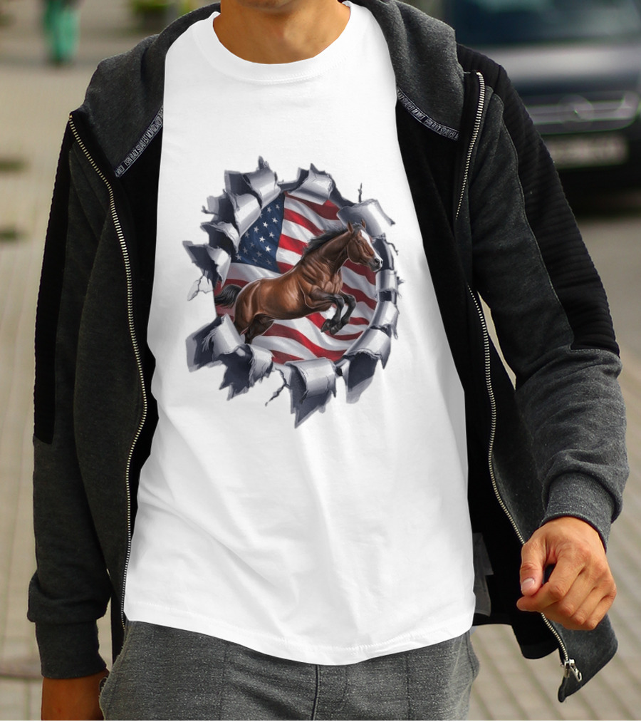 Escaping Horse With American Flag Background 3D Effect T-Shirt