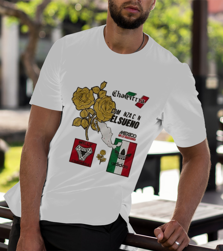 Mexico Willy Chavarria Adidas Comienza Con El Sueno 2026 Collaboration Gold Roses Map Mexican Flag T-Shirt