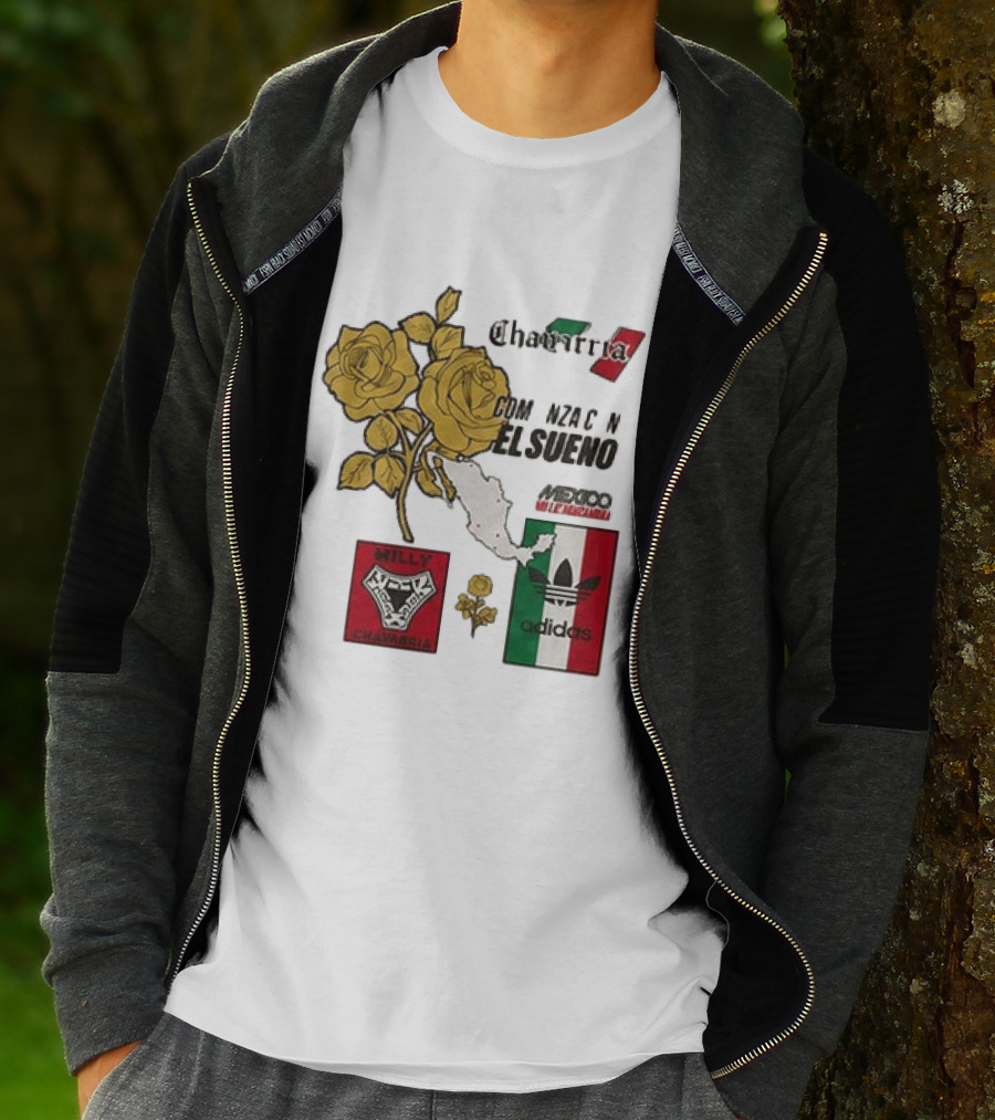 Mexico Willy Chavarria Adidas Comienza Con El Sueno 2026 Collaboration Gold Roses Map Mexican Flag T-Shirt