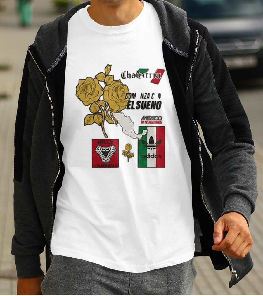 Mexico Willy Chavarria Adidas Comienza Con El Sueno 2026 Collaboration Gold Roses Map Mexican Flag T-Shirt