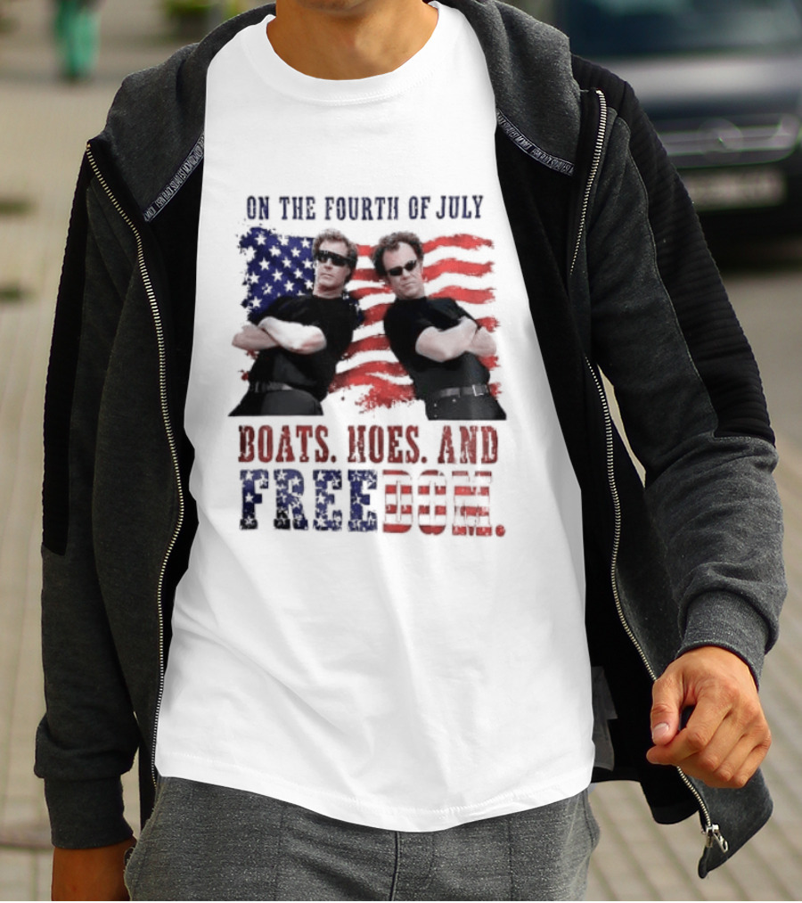 On The Fourth Of July Boats Hoes And Freedom Step Brothers American Flag T-Shirt