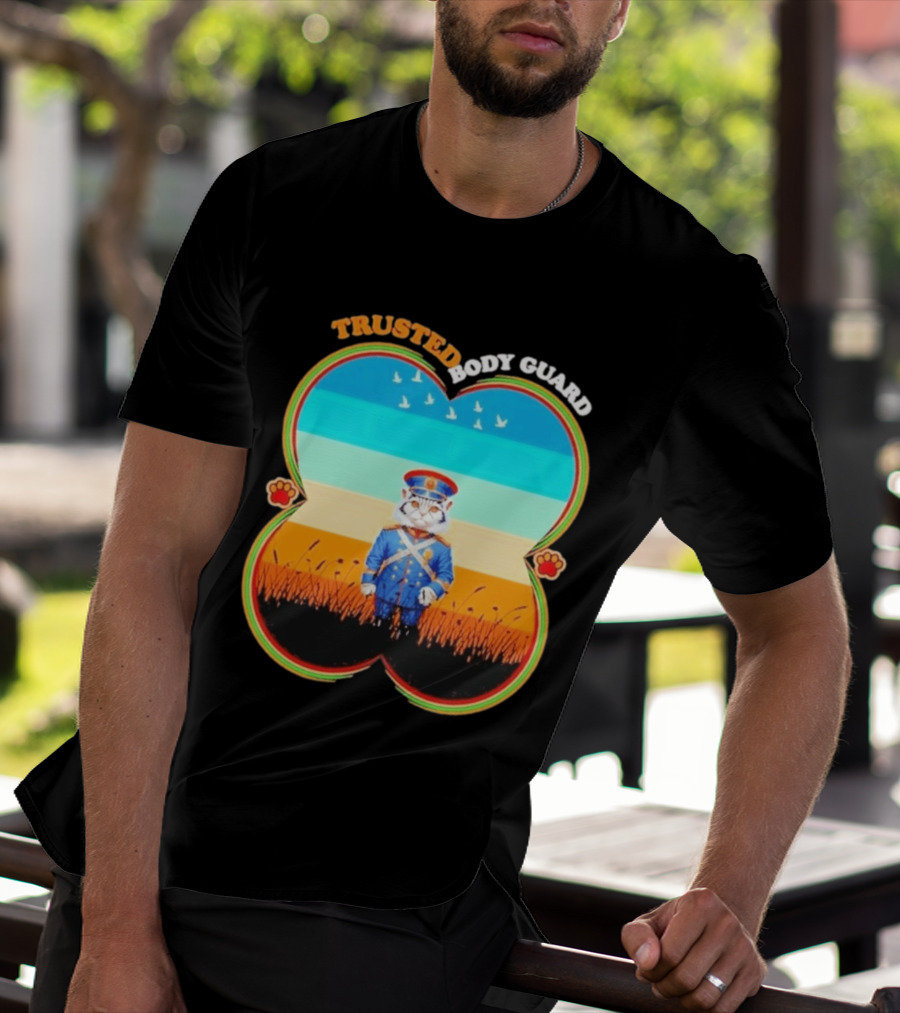 Trusted Body Guard Cat In Uniform With Sunset And Bird T-Shirt