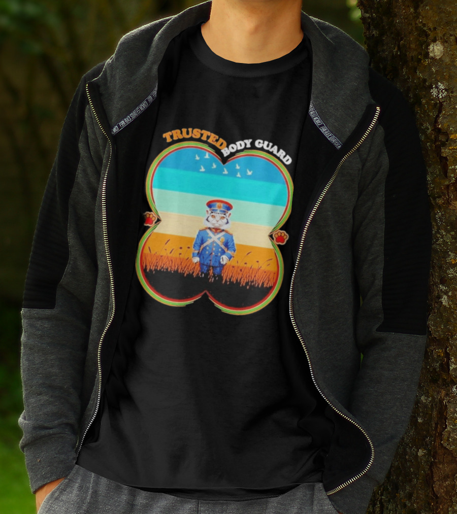 Trusted Body Guard Cat In Uniform With Sunset And Bird T-Shirt