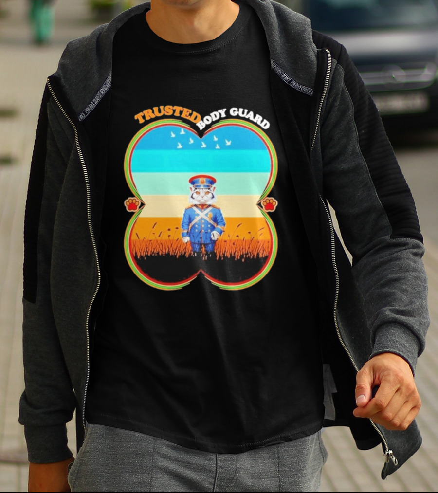 Trusted Body Guard Cat In Uniform With Sunset And Bird T-Shirt
