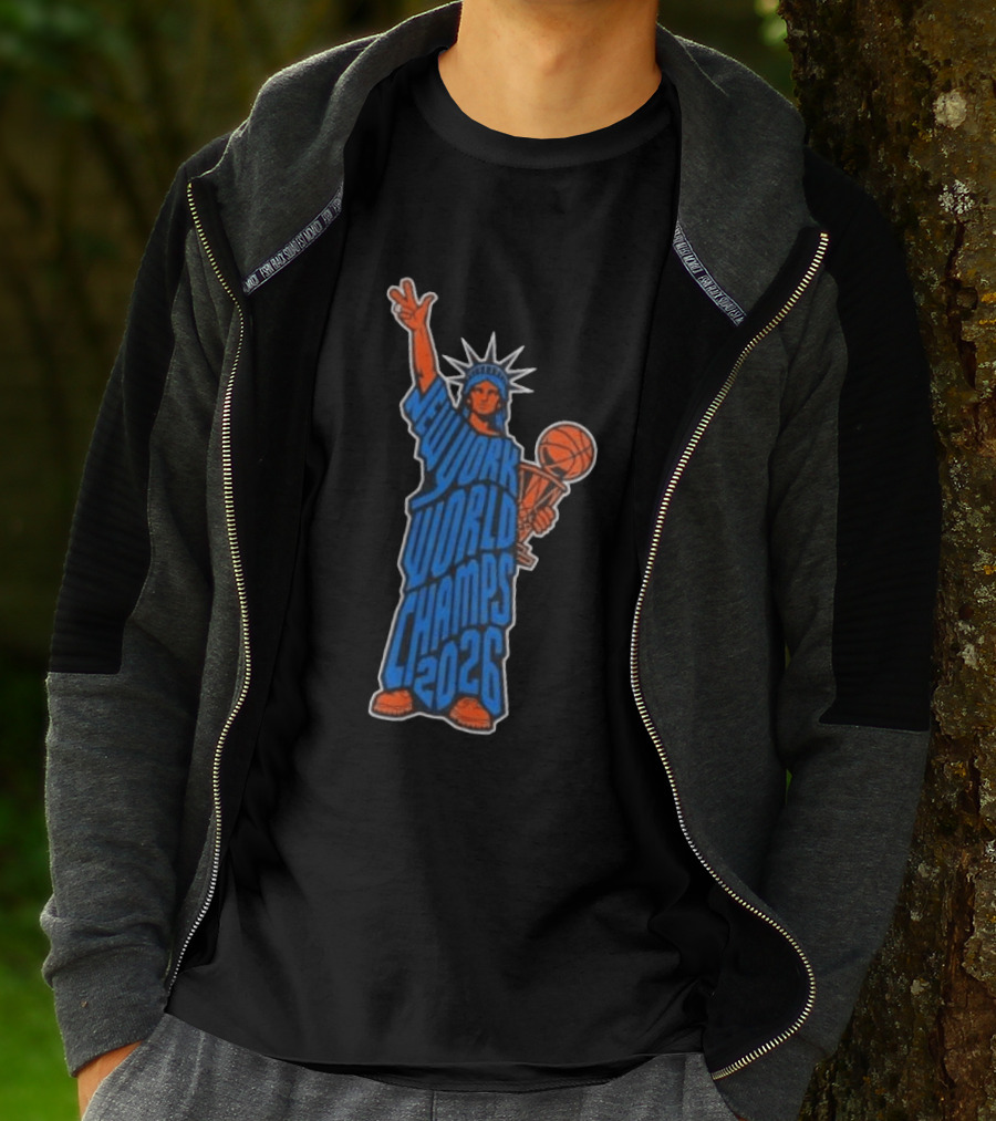 New York Knicks Statue Of Liberty World Champs 2026 Trophy T-Shirt