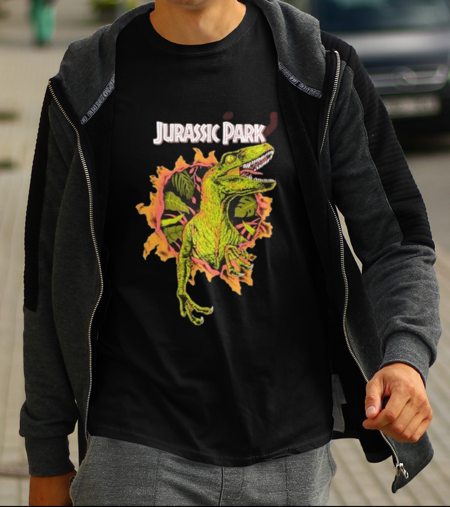 Velociraptor Jurassic Park Dinosaur Breaking Through Wall T-Shirt