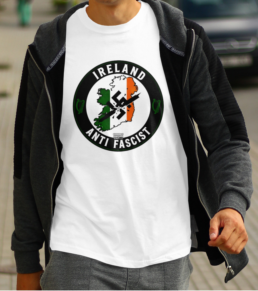 Ireland Anti Fascist Map Design With Tri Color Stripes And Crossed Out T-Shirt