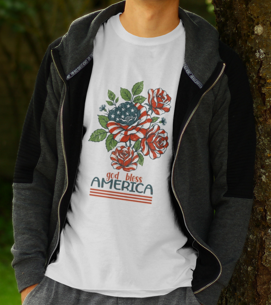 Patriotic Floral God Bless America Roses With Red White Blue Stripes T-Shirt
