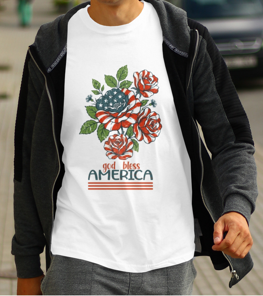 Patriotic Floral God Bless America Roses With Red White Blue Stripes T-Shirt