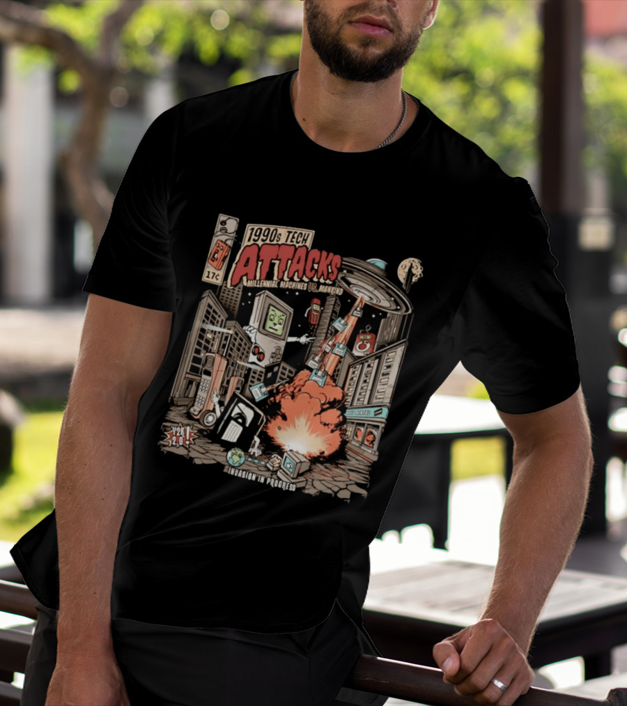 1990s Tech Attacks Millennial Machines Vs Mankind Invasion In Progress Y2K 2.0 T-Shirt