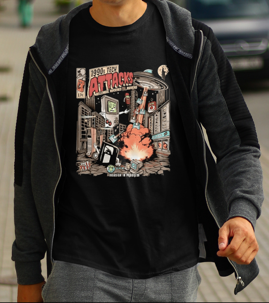1990s Tech Attacks Millennial Machines Vs Mankind Invasion In Progress Y2K 2.0 T-Shirt