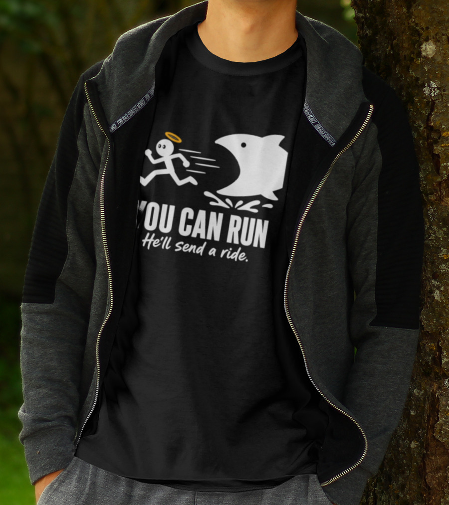 Angel Fleeing Shark You Can Run He'll Send A Ride Humor T-Shirt