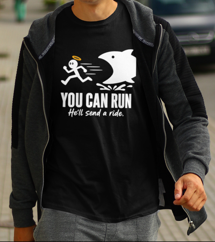 Angel Fleeing Shark You Can Run He'll Send A Ride Humor T-Shirt