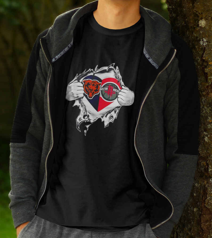 Chicago Bears Houston Rockets Ripped Chest Duo Logo Fan Gear T-Shirt