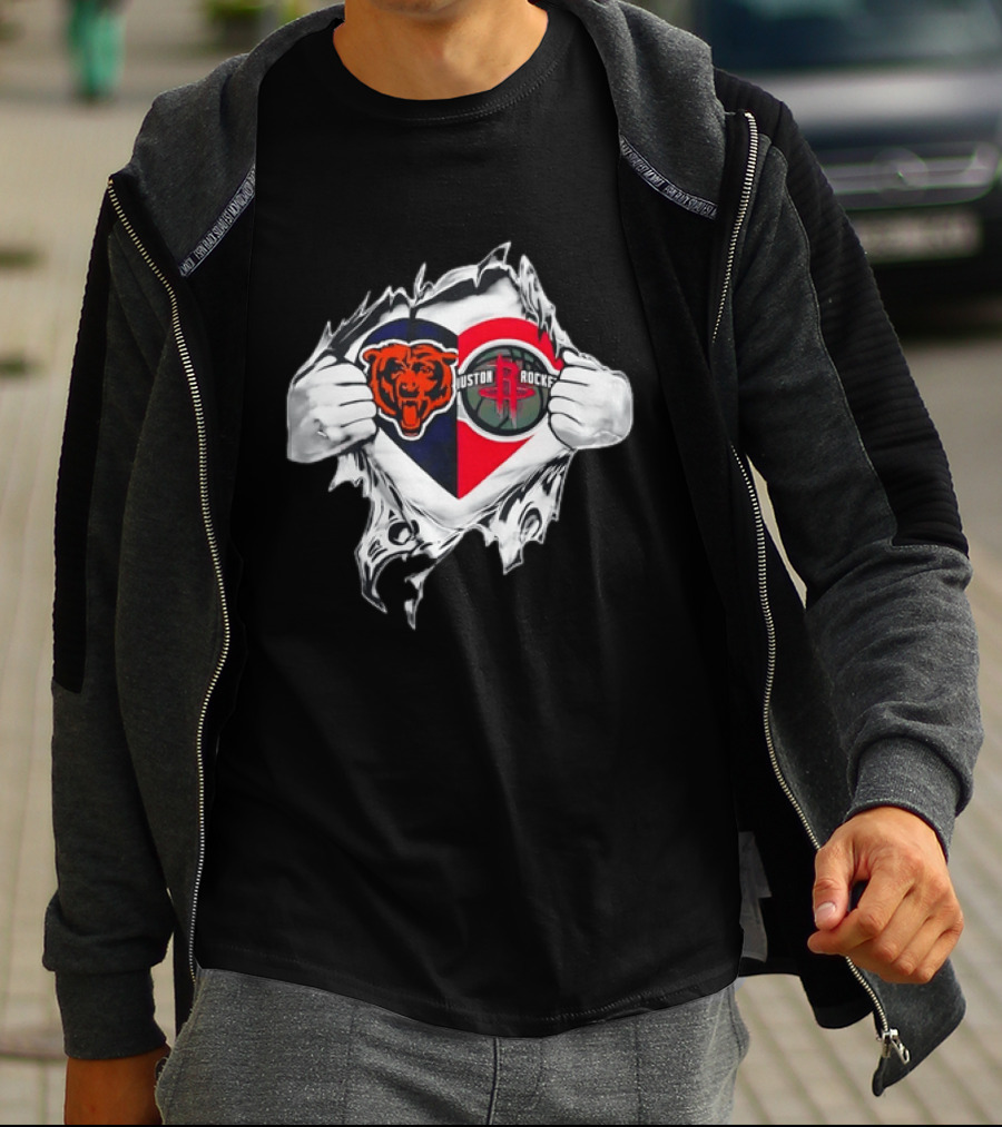 Chicago Bears Houston Rockets Ripped Chest Duo Logo Fan Gear T-Shirt
