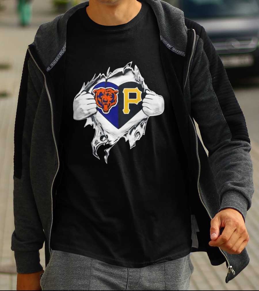 Chicago Bears Pittsburgh Pirates Heart Ripped Open Dual Team Loyalty T-Shirt