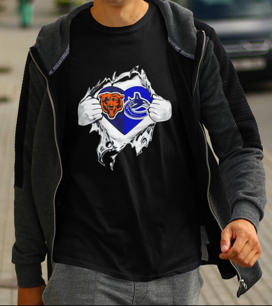 Chicago Bears Vancouver Canucks Heart Ripped Open Chest Sports Fans T-Shirt