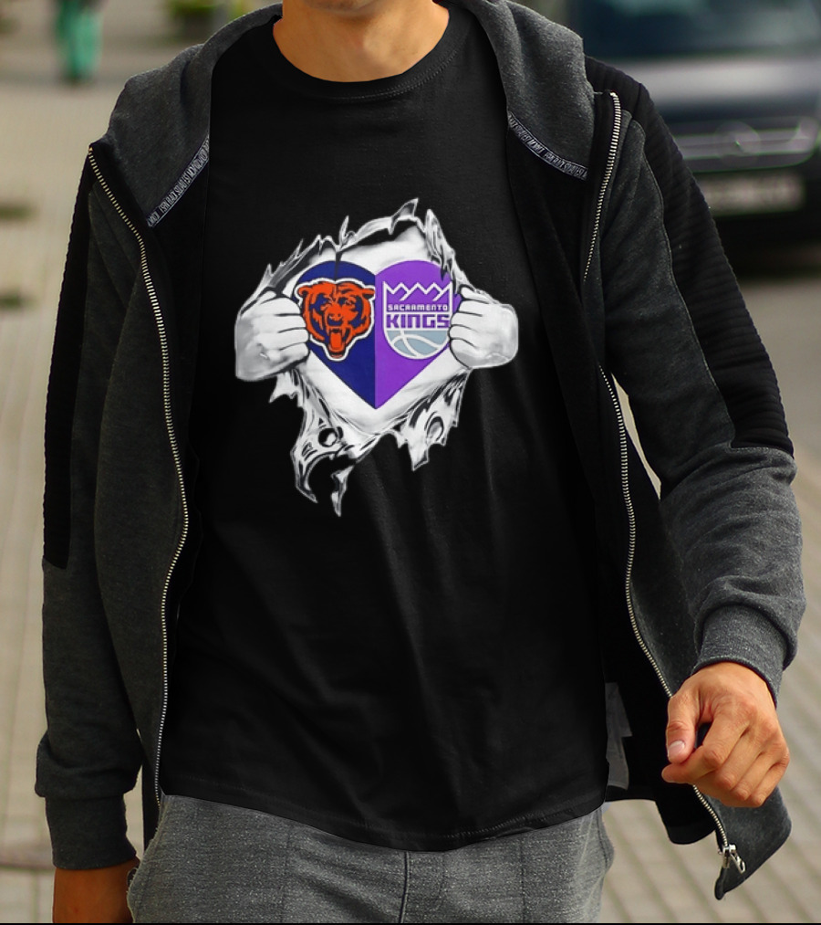 Heart Rip Chicago Bears Sacramento Kings Fan Logo Combo T-Shirt