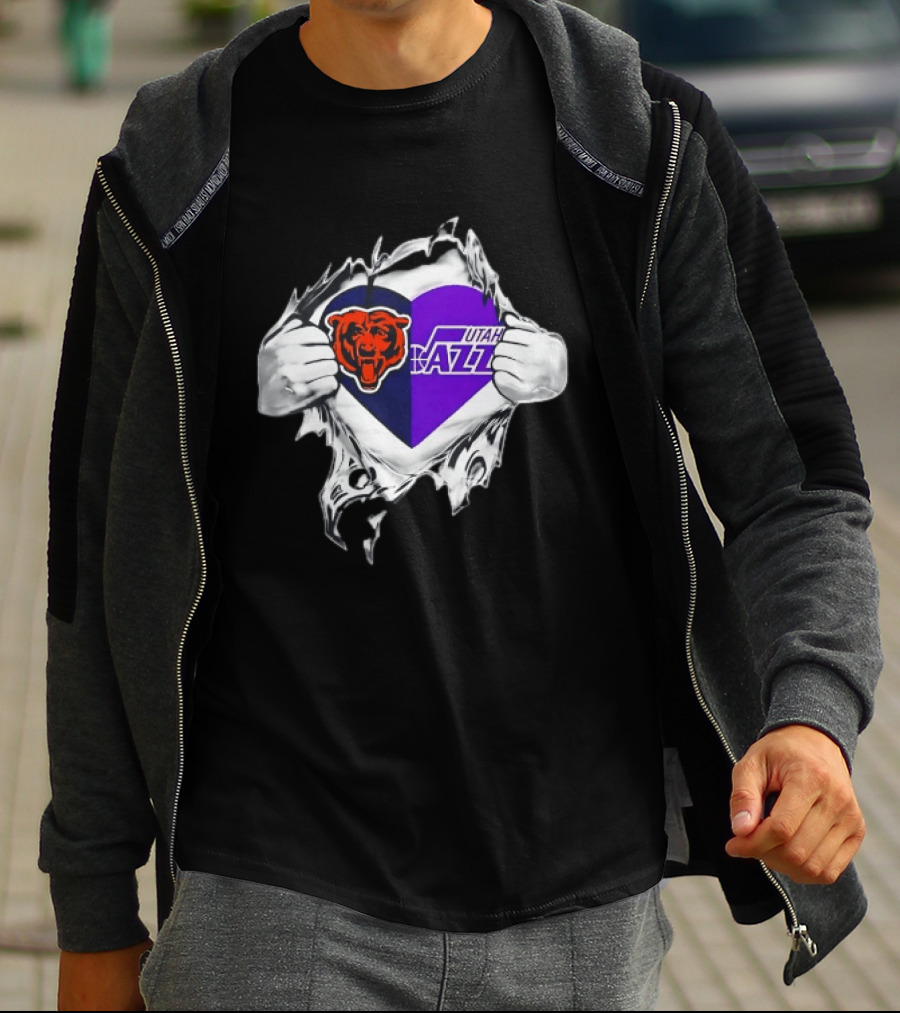 Heart Split Chicago Bears Utah Jazz Team Logos T-Shirt