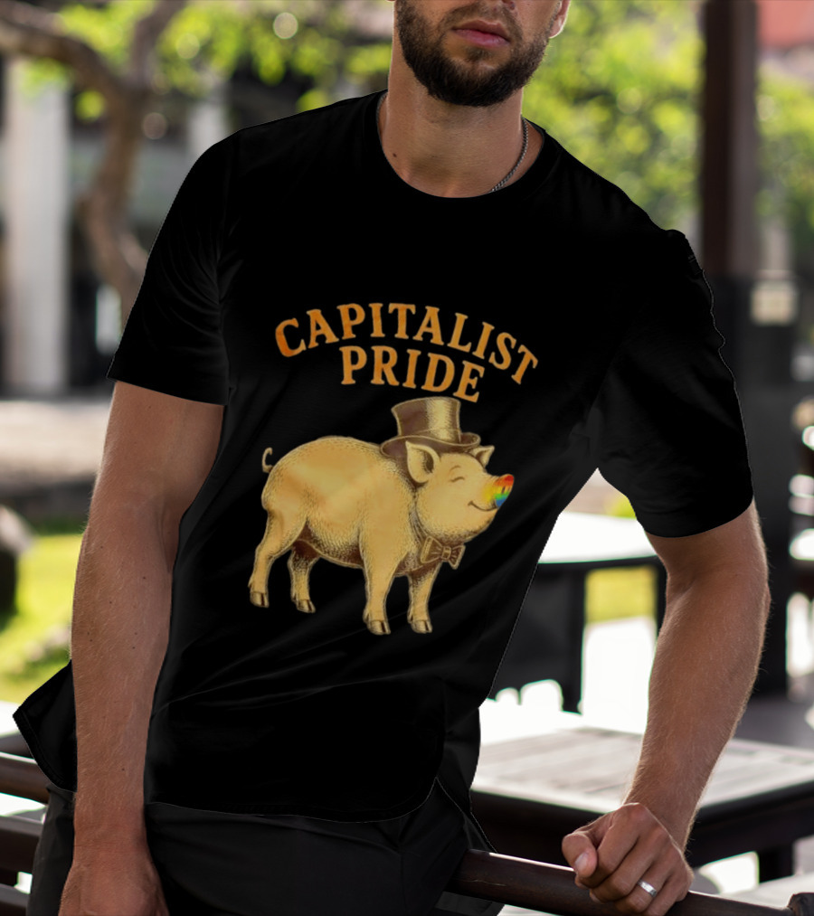 Capitalist Pride Pig With Rainbow Nose And Top Hat Bow Tie T-Shirt