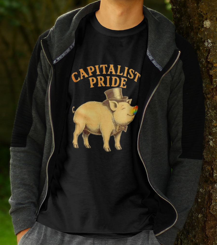 Capitalist Pride Pig With Rainbow Nose And Top Hat Bow Tie T-Shirt