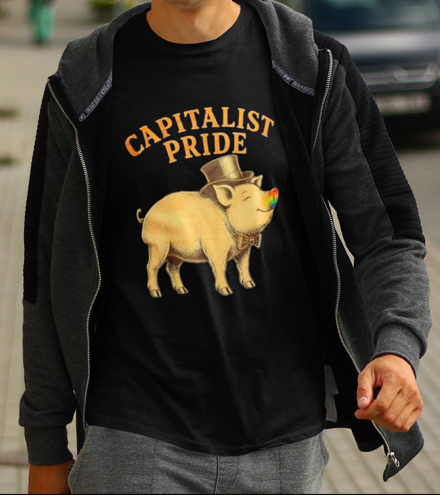 Capitalist Pride Pig With Rainbow Nose And Top Hat Bow Tie T-Shirt